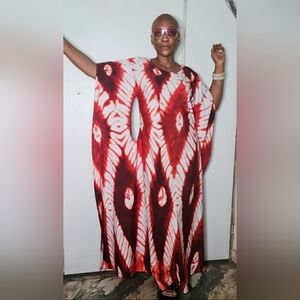 Burgundy and White Tie-Dye Kaftan Dress